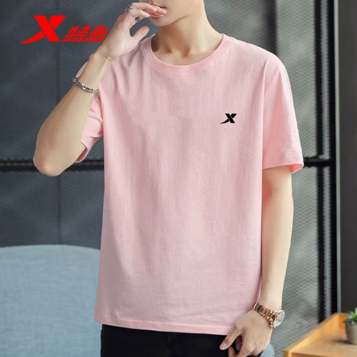 Xtep, хлопковая футболка, розовый цветной спортивный костюм, короткий рукав, осенняя, оверсайз, круглый воротник