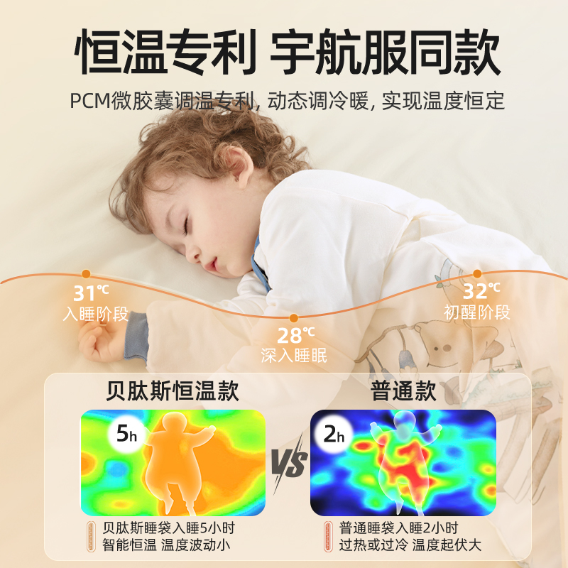 贝肽斯【肽润】婴儿睡袋春秋冬款蚕丝恒温儿童防踢被宝宝分腿睡袋