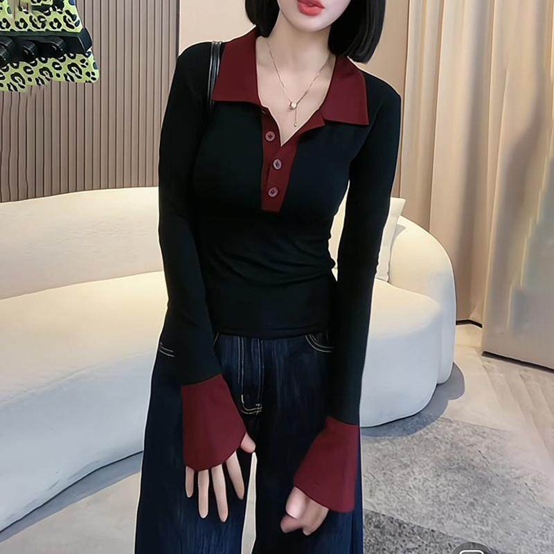 撞色Polo领长袖打底衫内搭女2026年秋冬款小众小个子穿搭短款上衣,淘宝优惠券,粉丝福利购,淘宝优惠卷