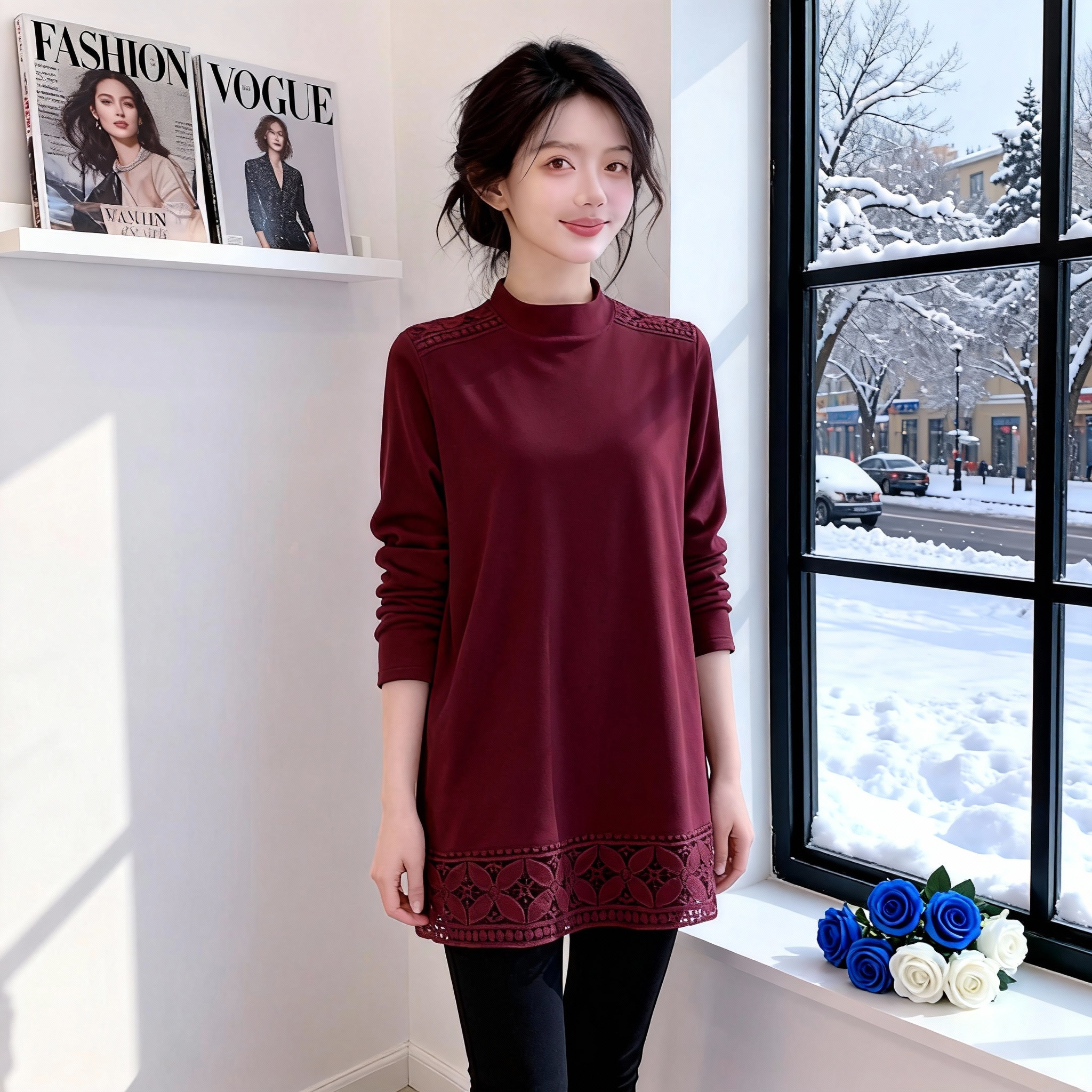 酒红色蕾丝花边中长款打底衫女秋冬新款内搭双面绒宽松长袖上衣,淘宝优惠券,粉丝福利购,淘宝优惠卷