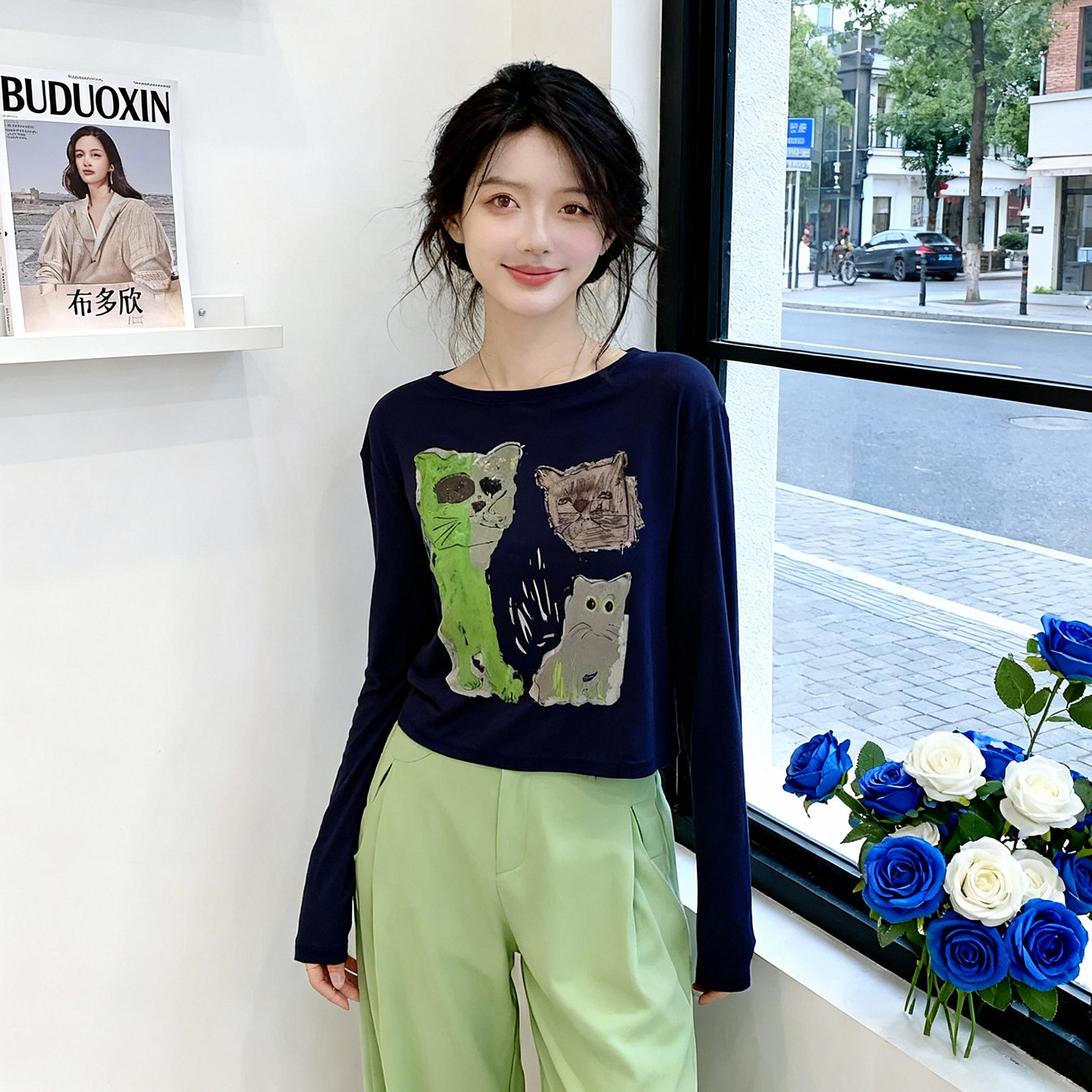 卡通猫咪印花长袖T恤女白色百搭休闲正肩内搭显瘦遮肉气质上衣女,淘宝优惠券,粉丝福利购,淘宝优惠卷