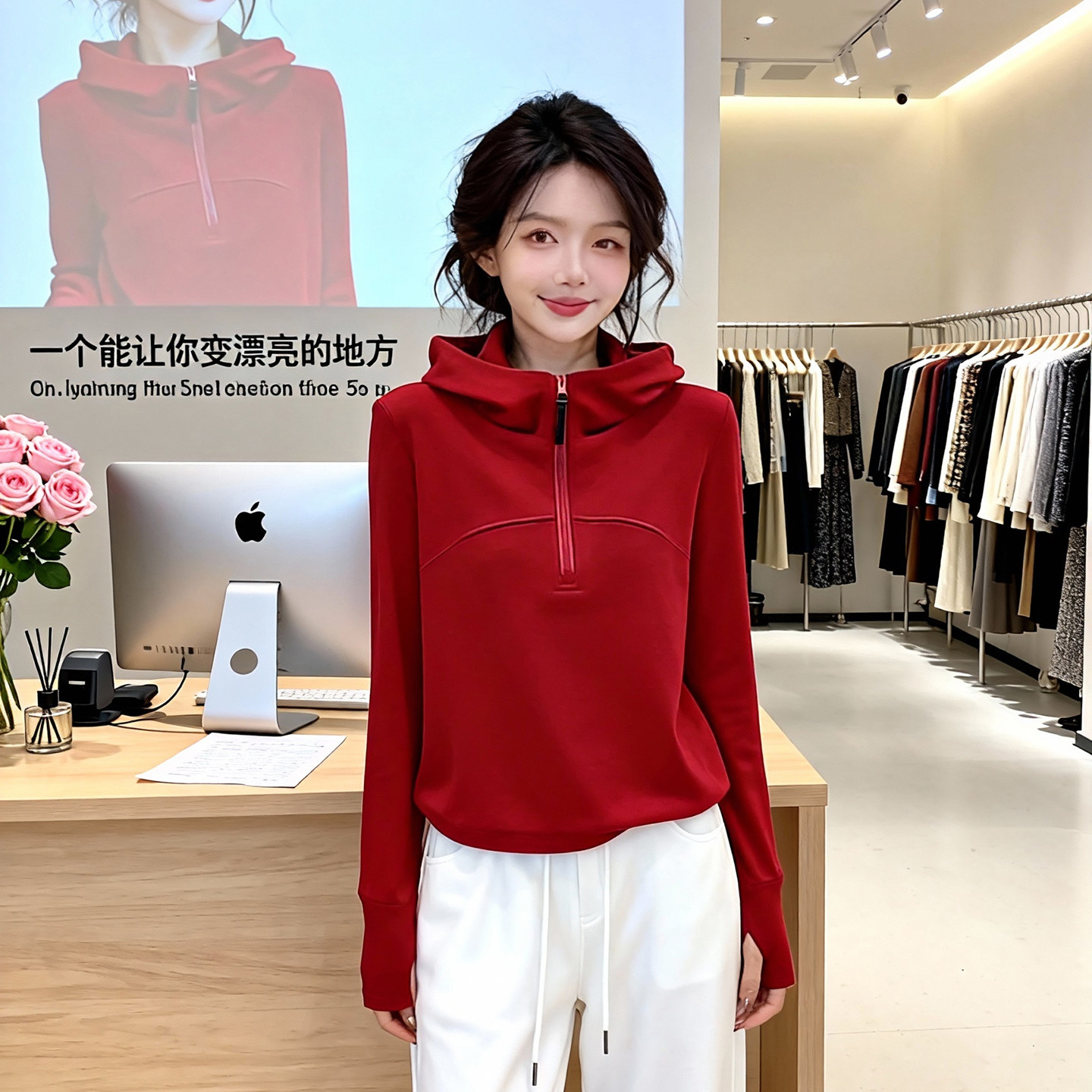 红色加厚德绒连帽打底衫女秋冬卫衣外套2026新款修身内搭长袖上衣,淘宝优惠券,粉丝福利购,淘宝优惠卷