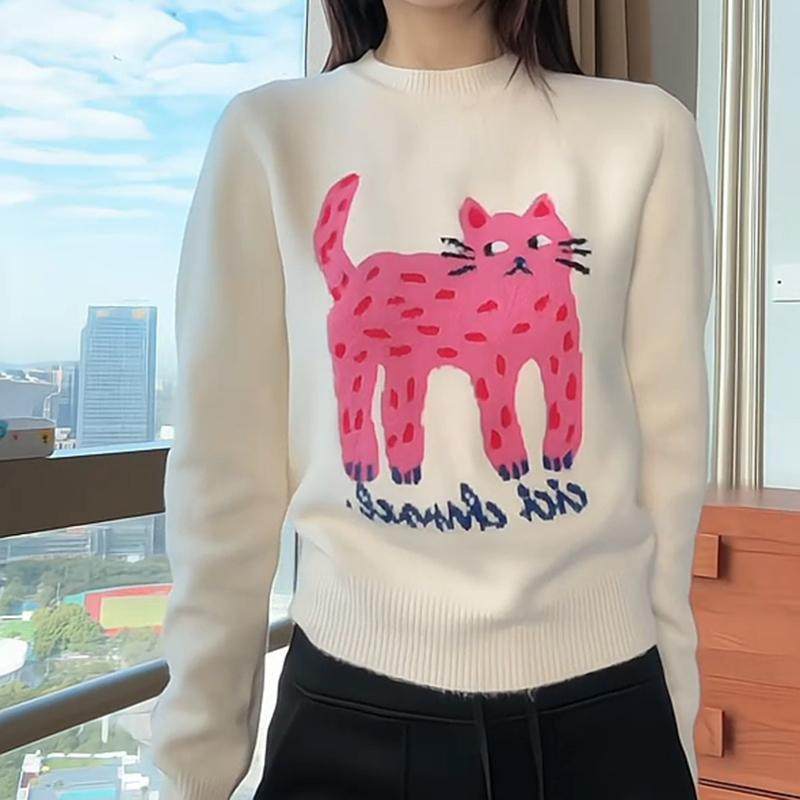 秋冬新款提花长腿猫卡通图案长袖毛衣女套头百搭针织衫上衣,淘宝优惠券,粉丝福利购,淘宝优惠卷