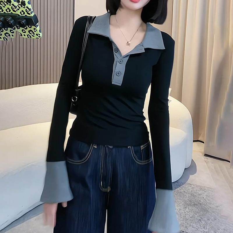 撞色Polo领长袖打底衫内搭女2026年秋冬款小众小个子穿搭短款上衣,淘宝优惠券,粉丝福利购,淘宝优惠卷