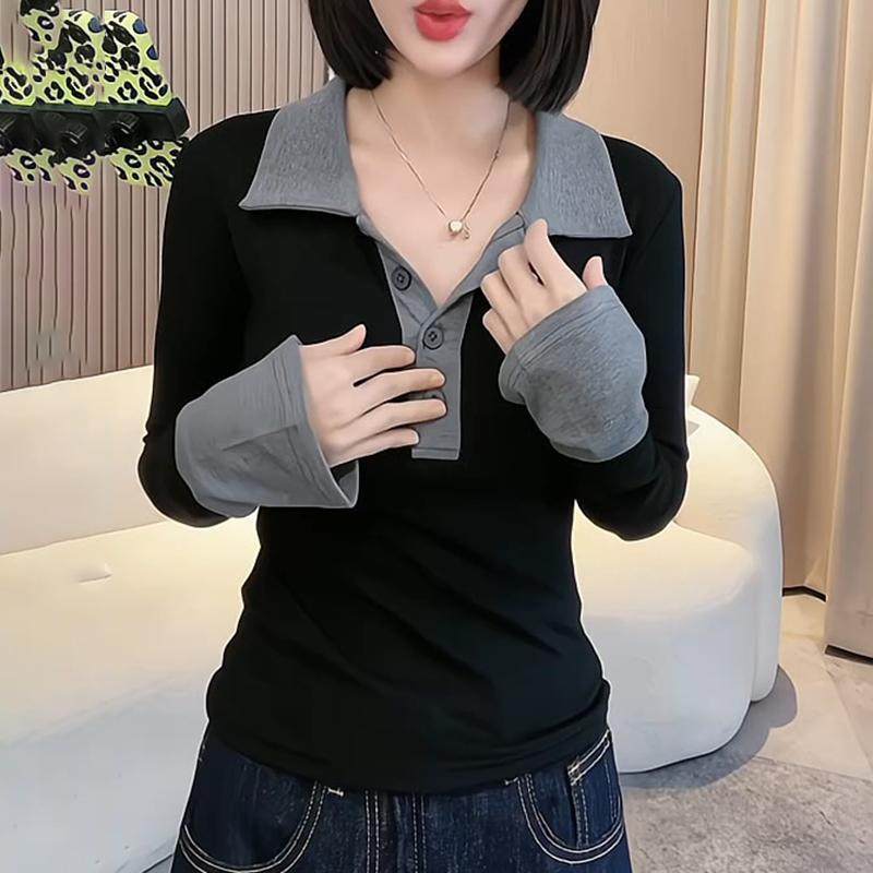 撞色Polo领长袖打底衫内搭女2026年秋冬款小众小个子穿搭短款上衣,淘宝优惠券,粉丝福利购,淘宝优惠卷