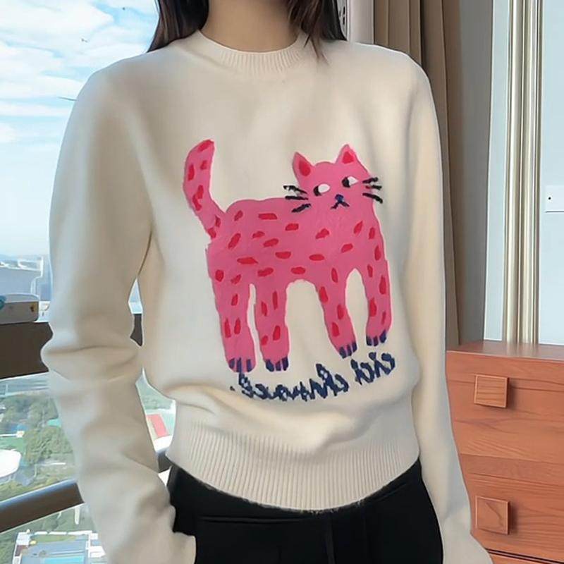 秋冬新款提花长腿猫卡通图案长袖毛衣女套头百搭针织衫上衣,淘宝优惠券,粉丝福利购,淘宝优惠卷