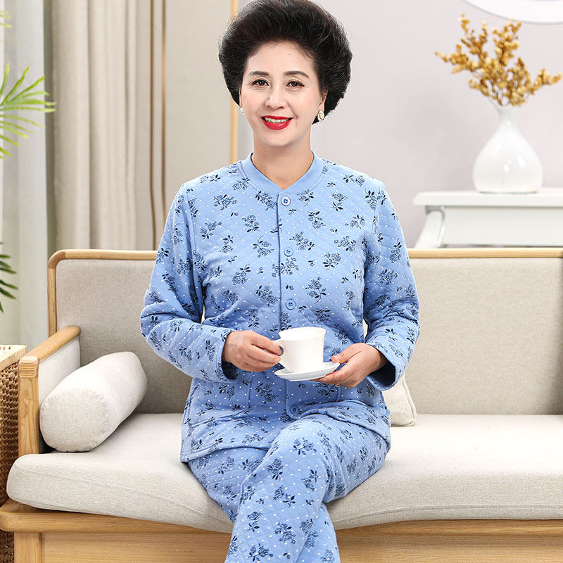 冬季老人纯棉三层开衫中老年人秋衣 芬汀保暖套装