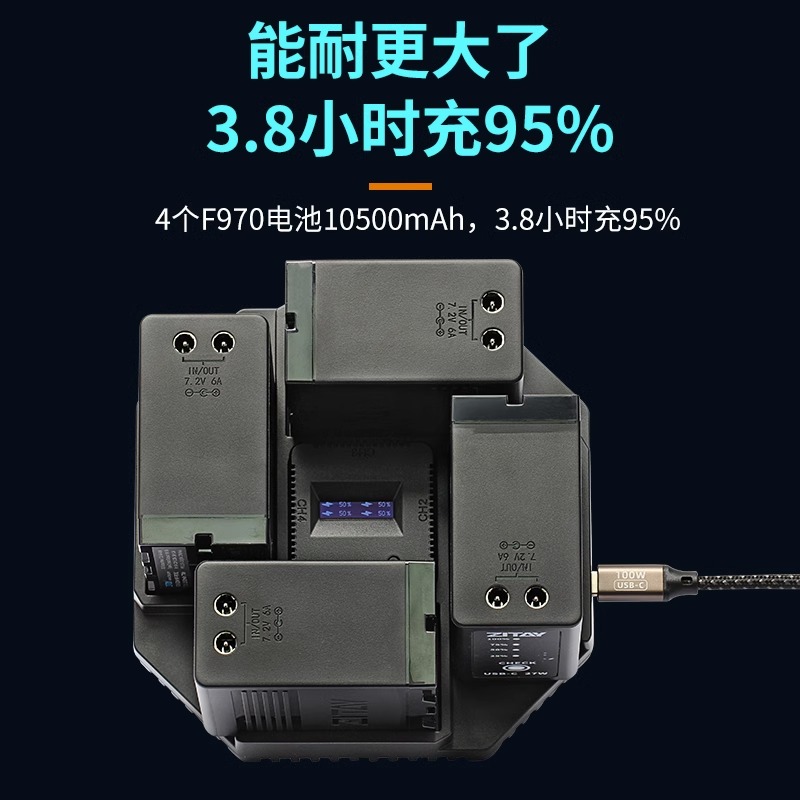 ZITAY希铁NP-F970电池大功率四通道智能快速充电器适用于索尼相机F550/F750/FM50/FM500H/ F570供电Type C口-图0