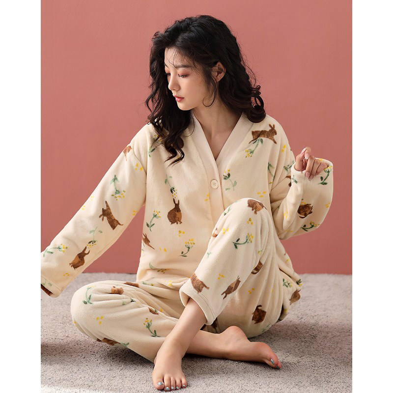 睡衣女珊瑚绒冬季加厚毛绒可爱卡通开衫家居服秋冬法兰绒保暖套装,淘宝优惠券,粉丝福利购,淘宝优惠卷