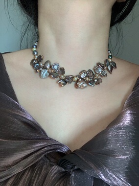 花瓣珍珠黑彩色贴金箔好品质炫彩淡水珍珠短项链chocker锁骨链