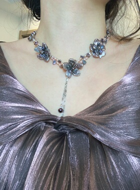 暗黑甜酷淡水珍珠花瓣珍珠手编花朵项链锁骨链重工华丽款售完绝版