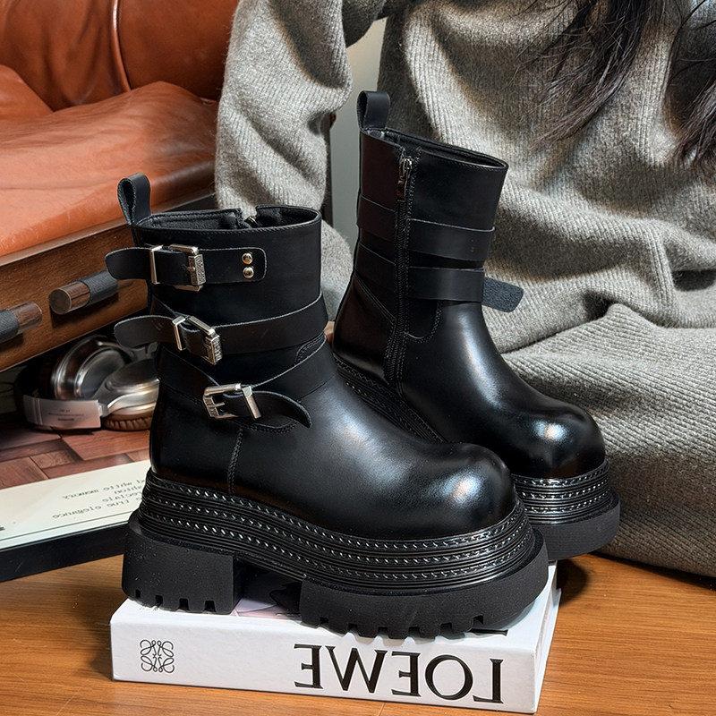 欧货真皮大头加绒松糕厚底马丁靴女英伦小个子增高机车中筒骑士靴,淘宝优惠券,粉丝福利购,淘宝优惠卷