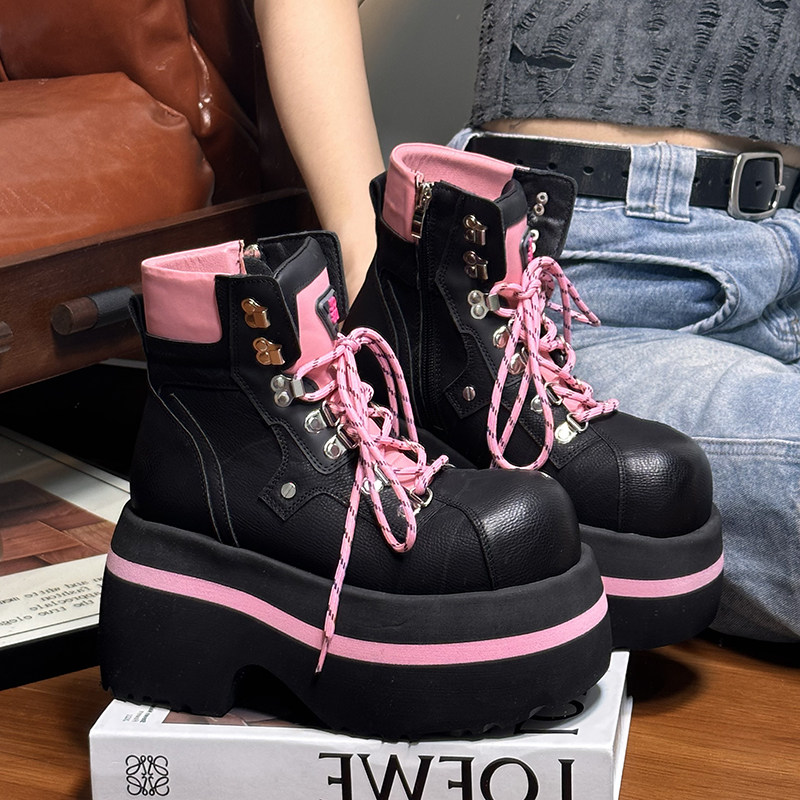 欧货真皮大头系带松糕厚底马丁靴女英伦风小个子增高机车靴短靴子,淘宝优惠券,粉丝福利购,淘宝优惠卷