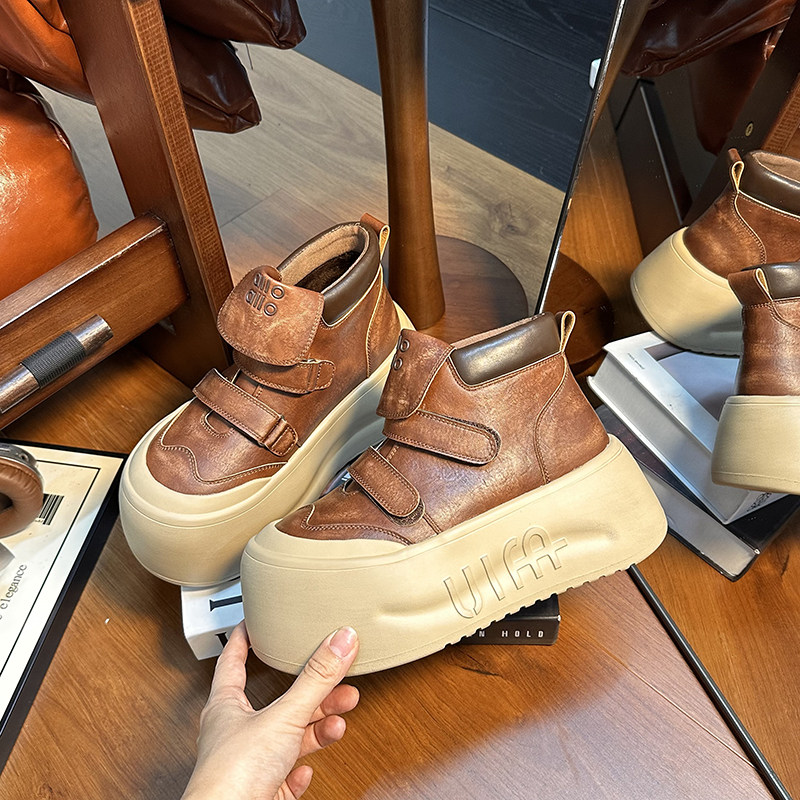 欧货真皮做旧大头面包鞋女松糕厚底高帮鞋百搭小个子增高休闲板鞋,淘宝优惠券,粉丝福利购,淘宝优惠卷