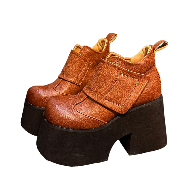 真皮10cm高跟厚底鞋女2025新款复古圆头小个子增高乐福鞋休闲单鞋,淘宝优惠券,粉丝福利购,淘宝优惠卷