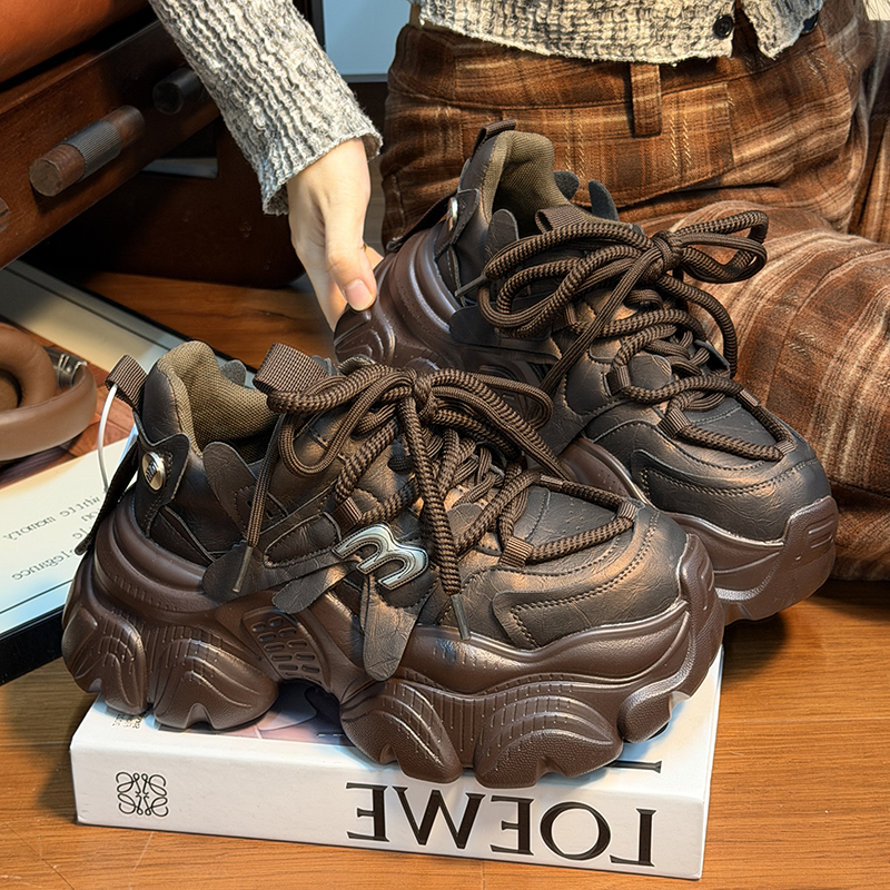 欧货真皮系带松糕厚底老爹鞋女2025新款百搭小个子增高休闲运动鞋 - 图2