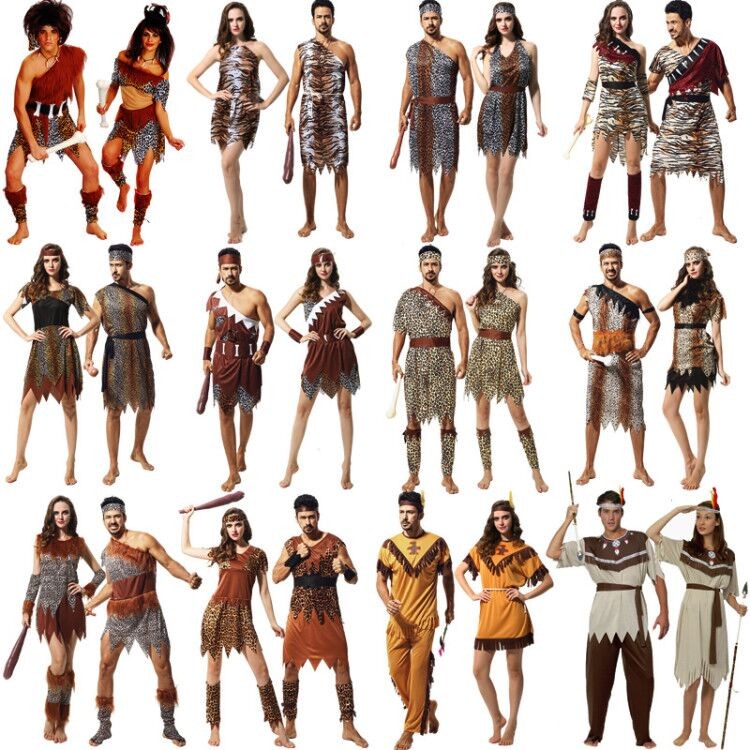 ハロウィンの服装の成人野人の原始人のインディアンのアフリカの服装は男女のコスプレの服を演じます