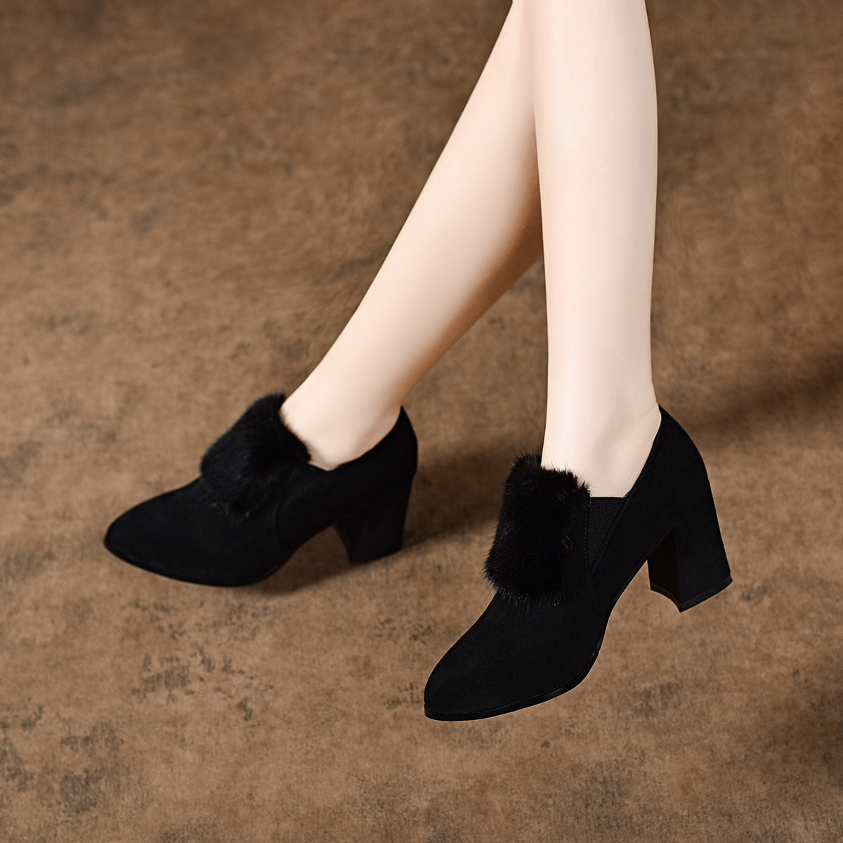 2025新款冬季气质女鞋水貂毛高跟鞋绒面粗跟深口单鞋女加绒真皮鞋,淘宝优惠券,粉丝福利购,淘宝优惠卷