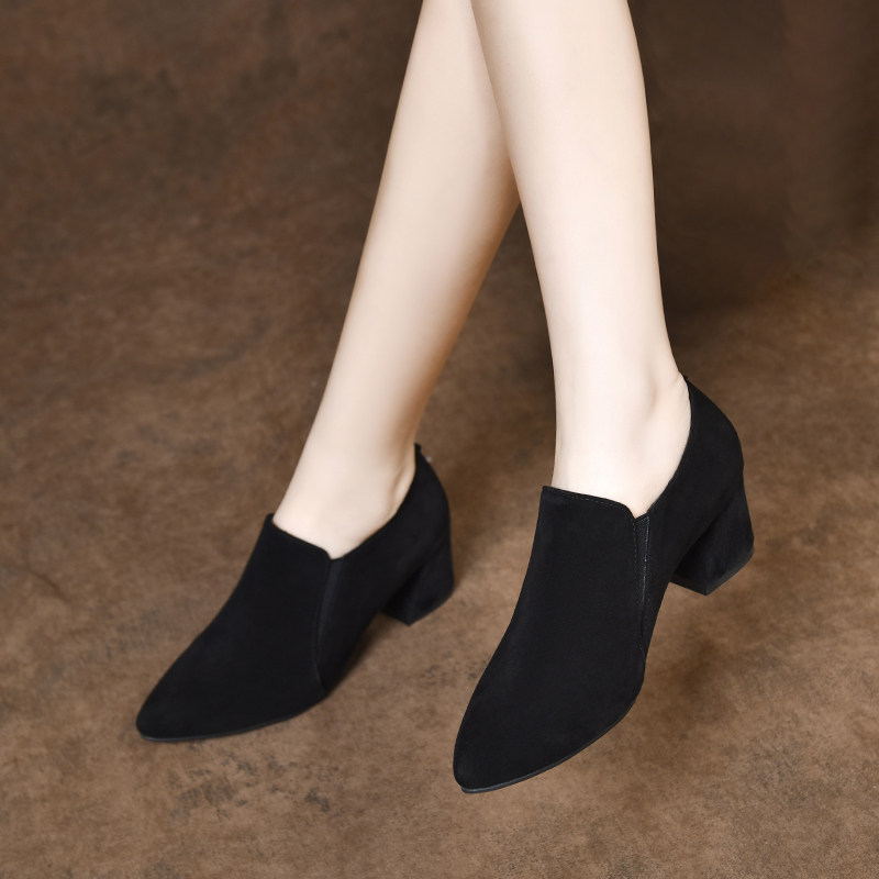 2025新款女士绒面尖头粗跟深口单鞋高跟鞋秋冬加绒女鞋中跟真皮鞋,淘宝优惠券,粉丝福利购,淘宝优惠卷