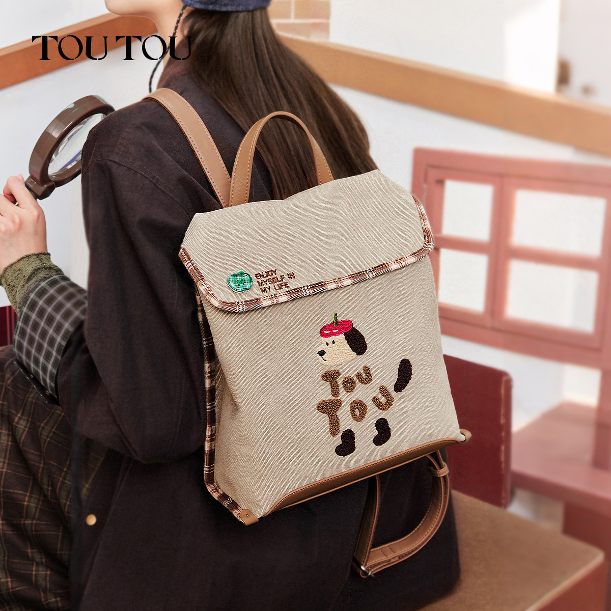 TOUTOU樱桃小狗帆布双肩包大容量通勤轻便出行背包可爱书包送女生,淘宝优惠券,粉丝福利购,淘宝优惠卷