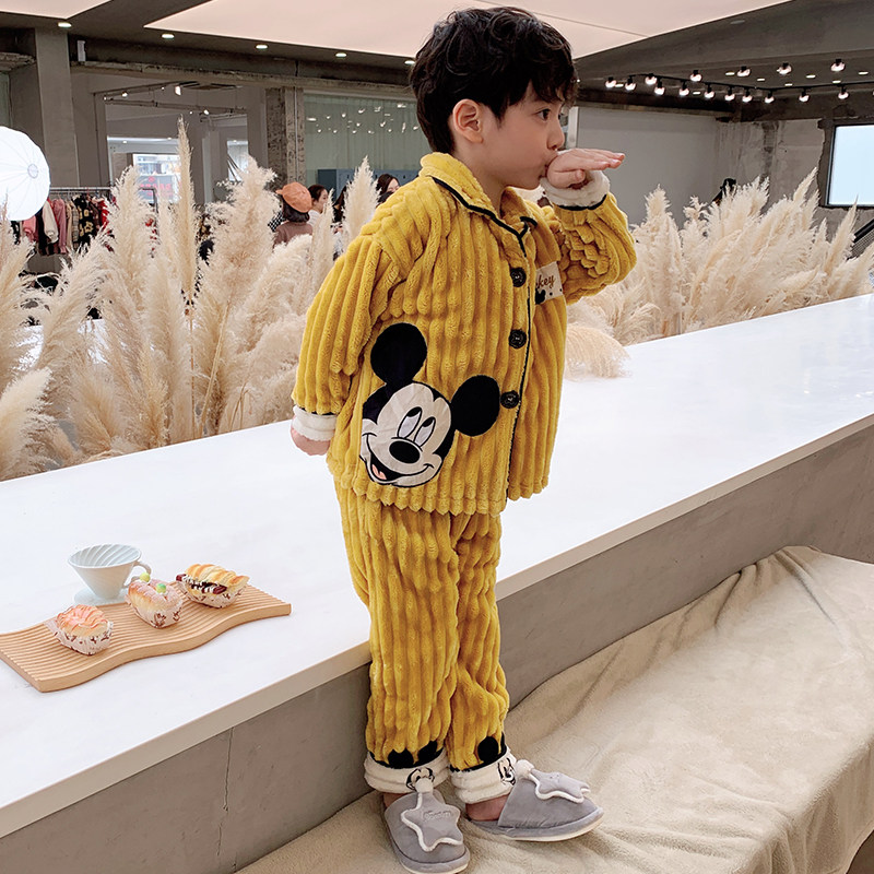 秋冬季珊瑚绒大童小男孩加绒睡衣 棉蜜儿家居服套装