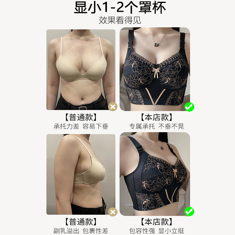 大胸显小内衣女薄款全罩杯收副乳防下垂无钢圈胖mm大码调整型文胸