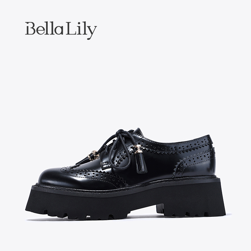 BellaLily新款复古增高小皮鞋女气质布洛克鞋JK制服单鞋 - 图1