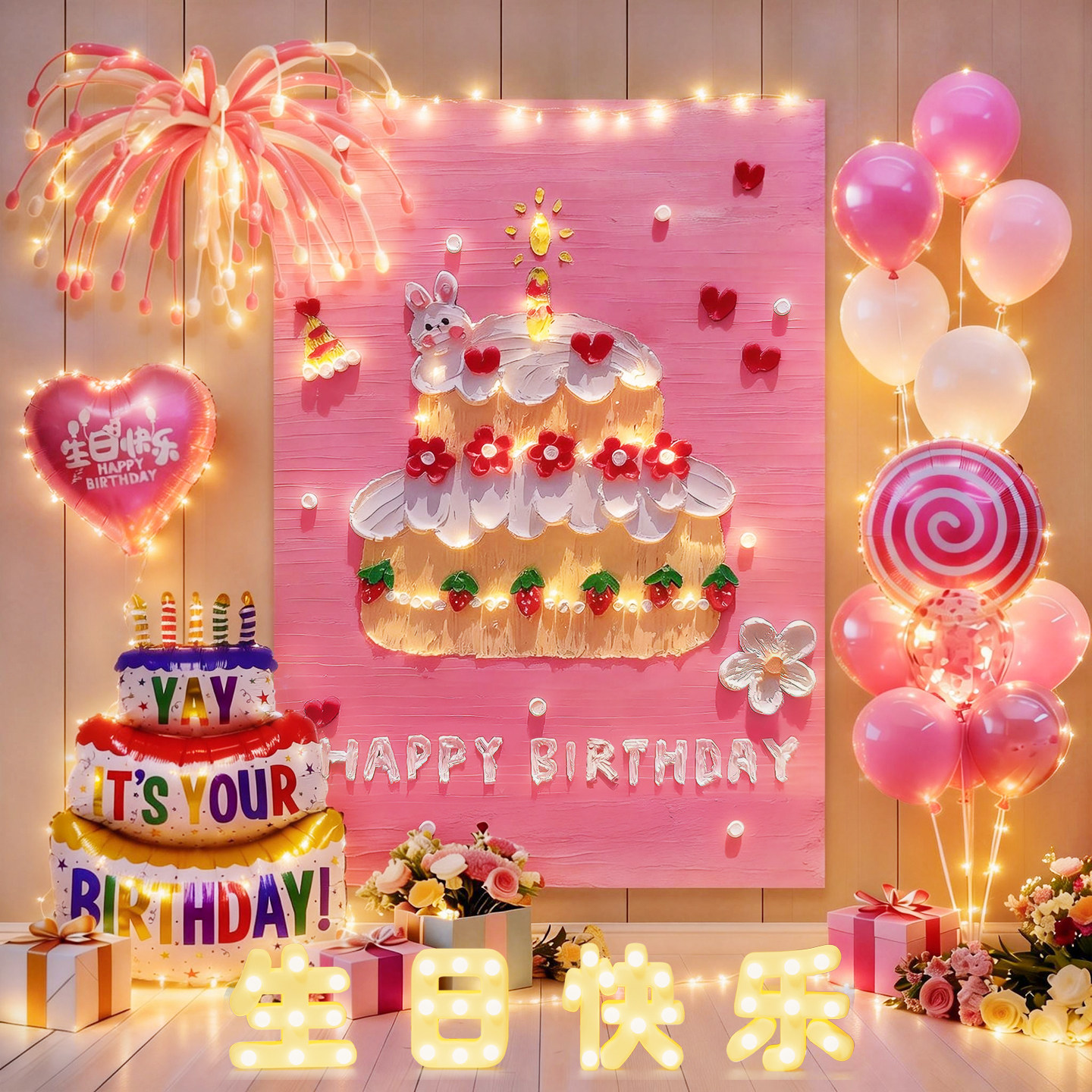 女孩宝宝周岁生日快乐派对蛋糕气球布置挂布拍照背景墙仪式感装饰,淘宝优惠券,粉丝福利购,淘宝优惠卷