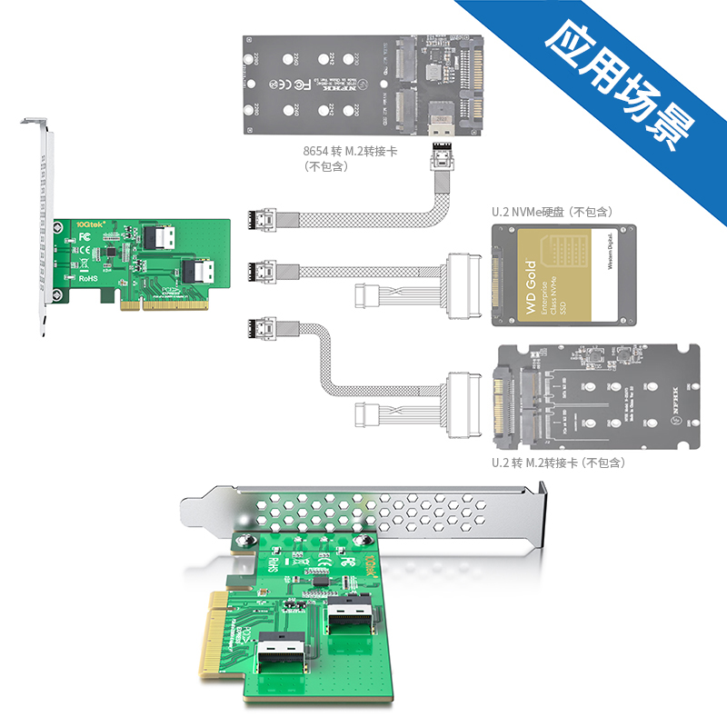 万兆通光电 PCIe x8 转 2x SFF-8654 4i扩展卡 用于连接U.2 NVMe固态硬盘 双口 - 图2