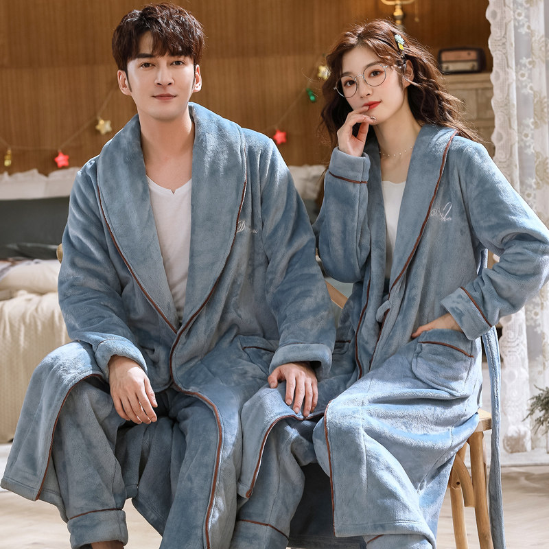 秋冬季珊瑚绒加绒加长男士情侣睡袍 美依婖内衣睡袍/浴袍