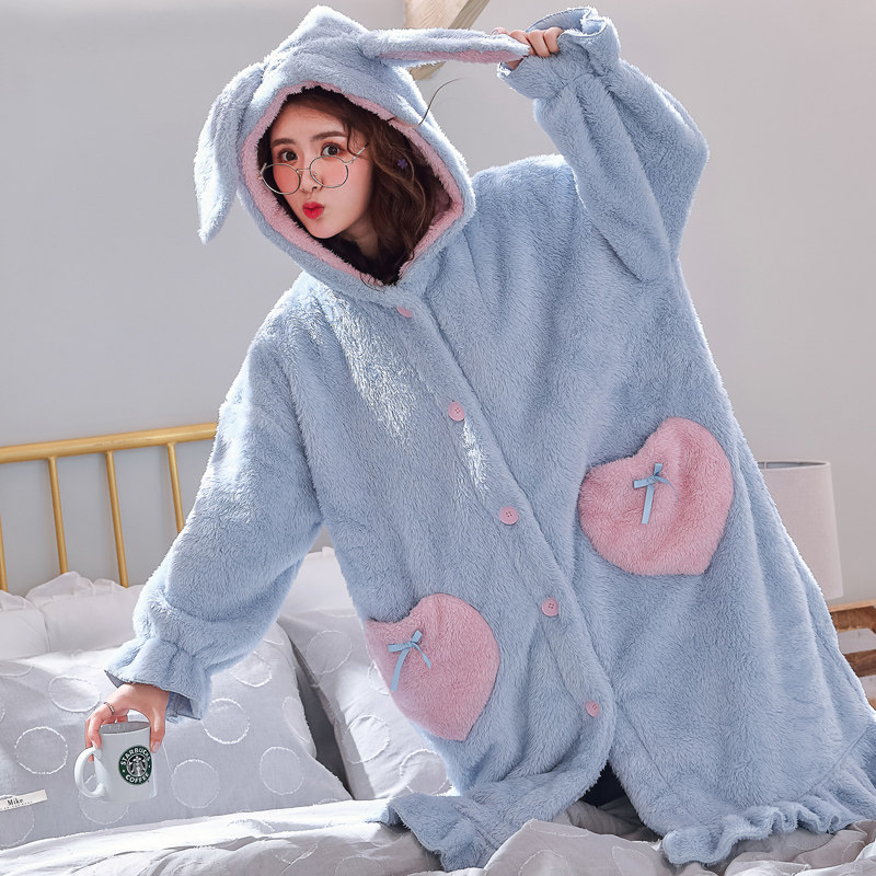 珊瑚绒长款可爱春秋季网红加绒浴袍 美依婖内衣睡衣/家居服套装