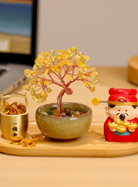 国潮财神爷发财树办公室桌面摆件