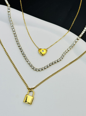 欧美项链钻石吊坠女三层叠戴