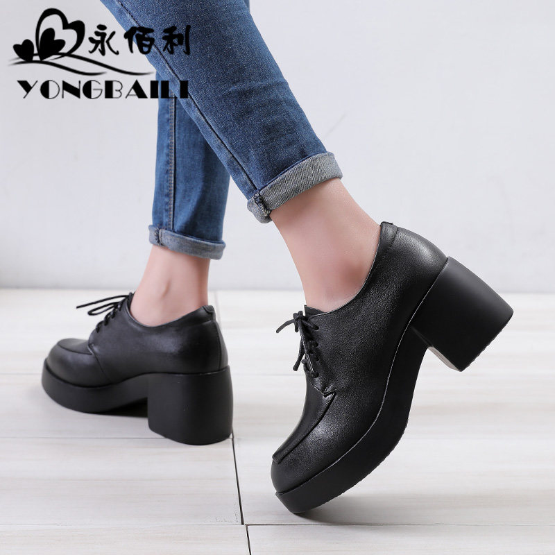 深口真皮单鞋2025春季新款粗跟牛皮系带皮鞋粗跟高跟百搭女鞋子,淘宝优惠券,粉丝福利购,淘宝优惠卷