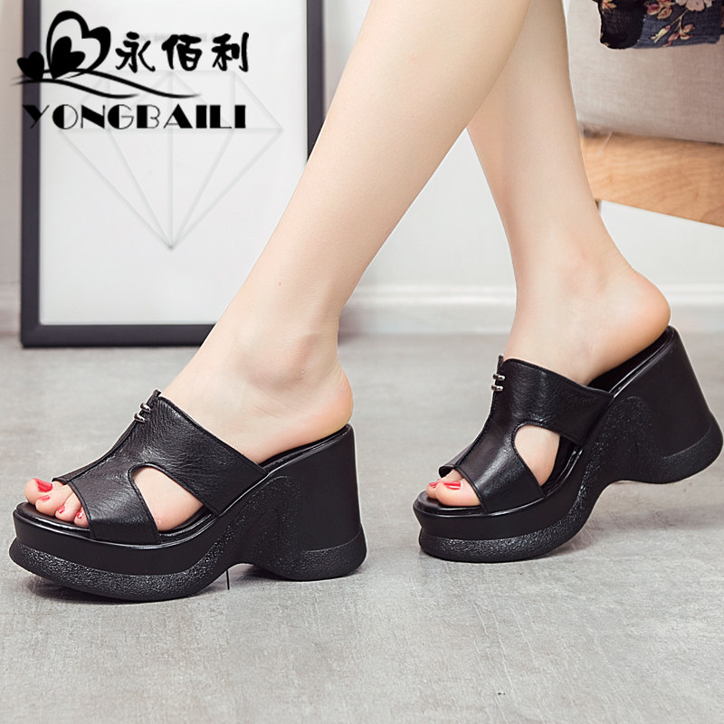 2025夏新款高跟牛皮拖鞋女松糕鞋厚底坡跟一字拖鱼嘴凉拖女鞋皮鞋,淘宝优惠券,粉丝福利购,淘宝优惠卷