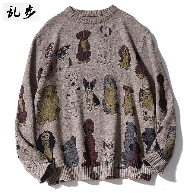 Sweat men's autumn and winter thickened loose casual ins print Korean version of trendy winter couple bottom knit sweater