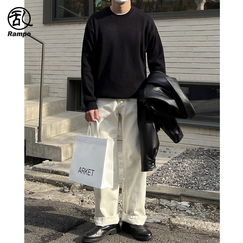 纯色圆领毛衣男2024冬季新品高级感痞帅oversize慵懒风内搭针织衫