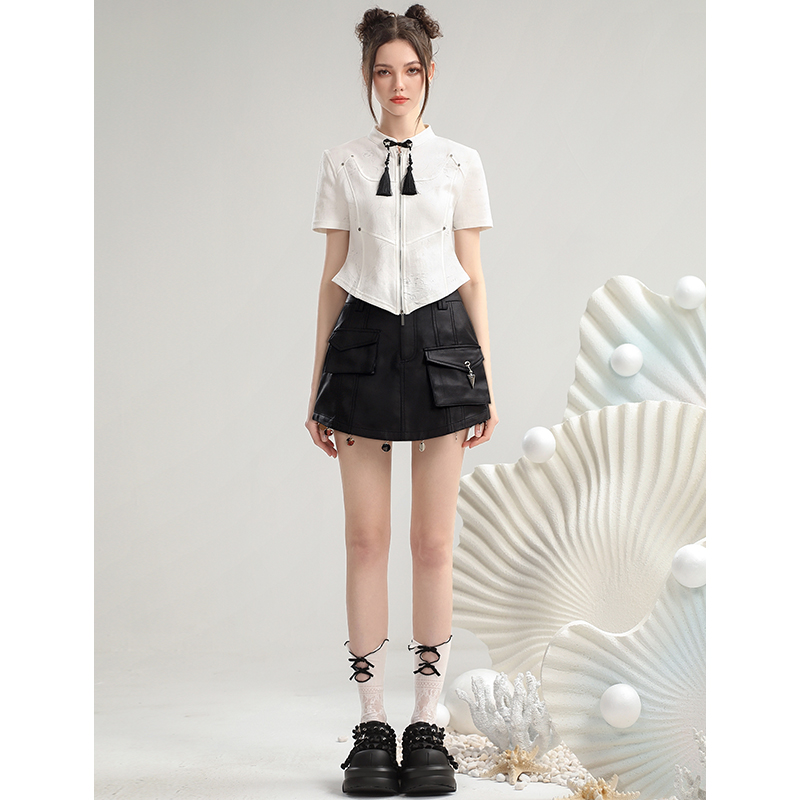 茬客新中式减龄套装裙2025年夏款流苏盘扣短上衣不规则口袋半身裙 - 图3
