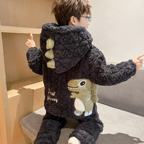 2023 new boy sleepwear children clip cotton winter three layers plus suede thickened Coral Flannel Flannel Suede