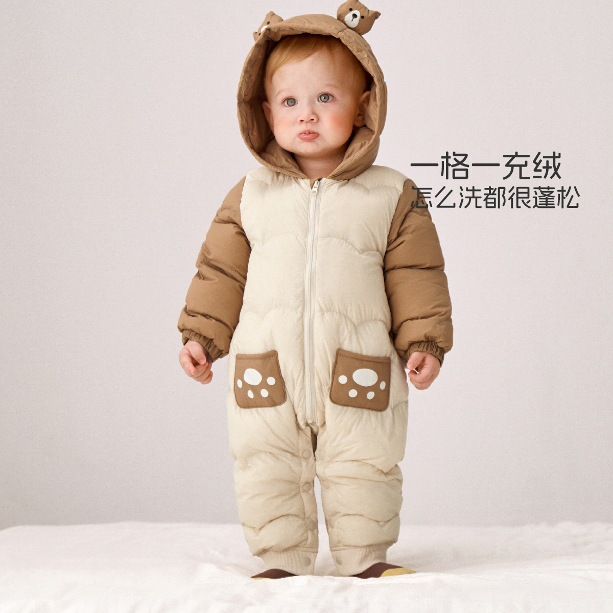 aqpa婴儿羽绒服轻薄冬季连体衣哈衣保暖服新生儿宝宝羽绒外出服萌