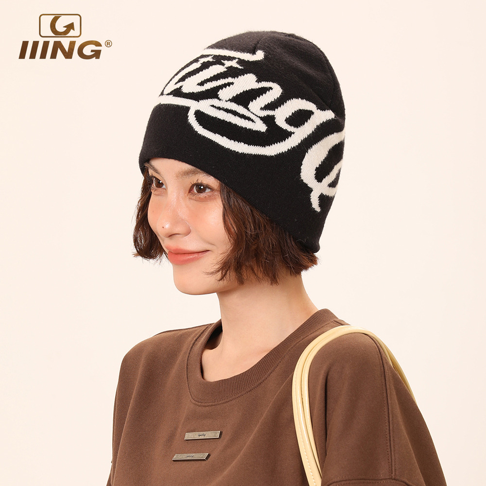 IIING帽控 登山冷帽大头围字母针织帽子女秋冬保暖显脸小堆堆帽潮 - 图0