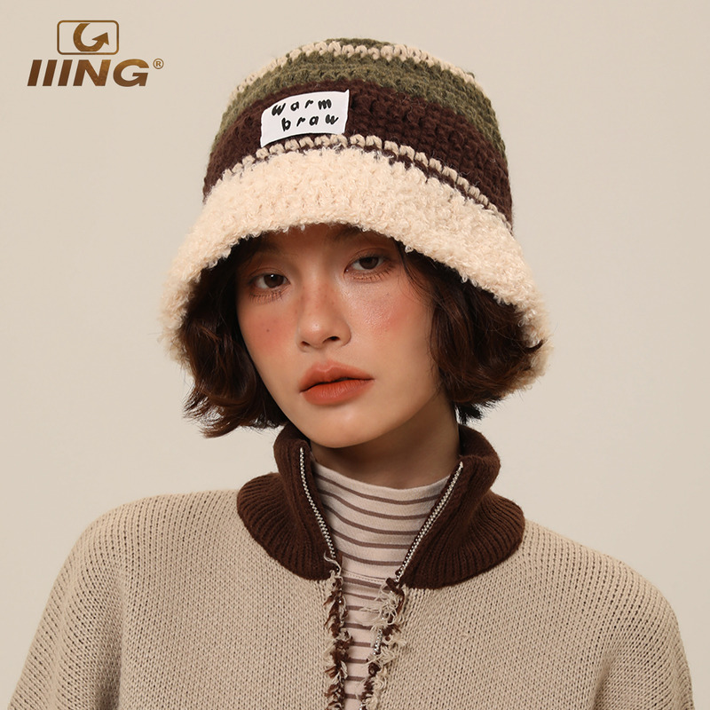 撞色复古针织渔夫帽女秋冬显脸小水桶帽韩版百搭大头围毛线盆帽子 - 图1