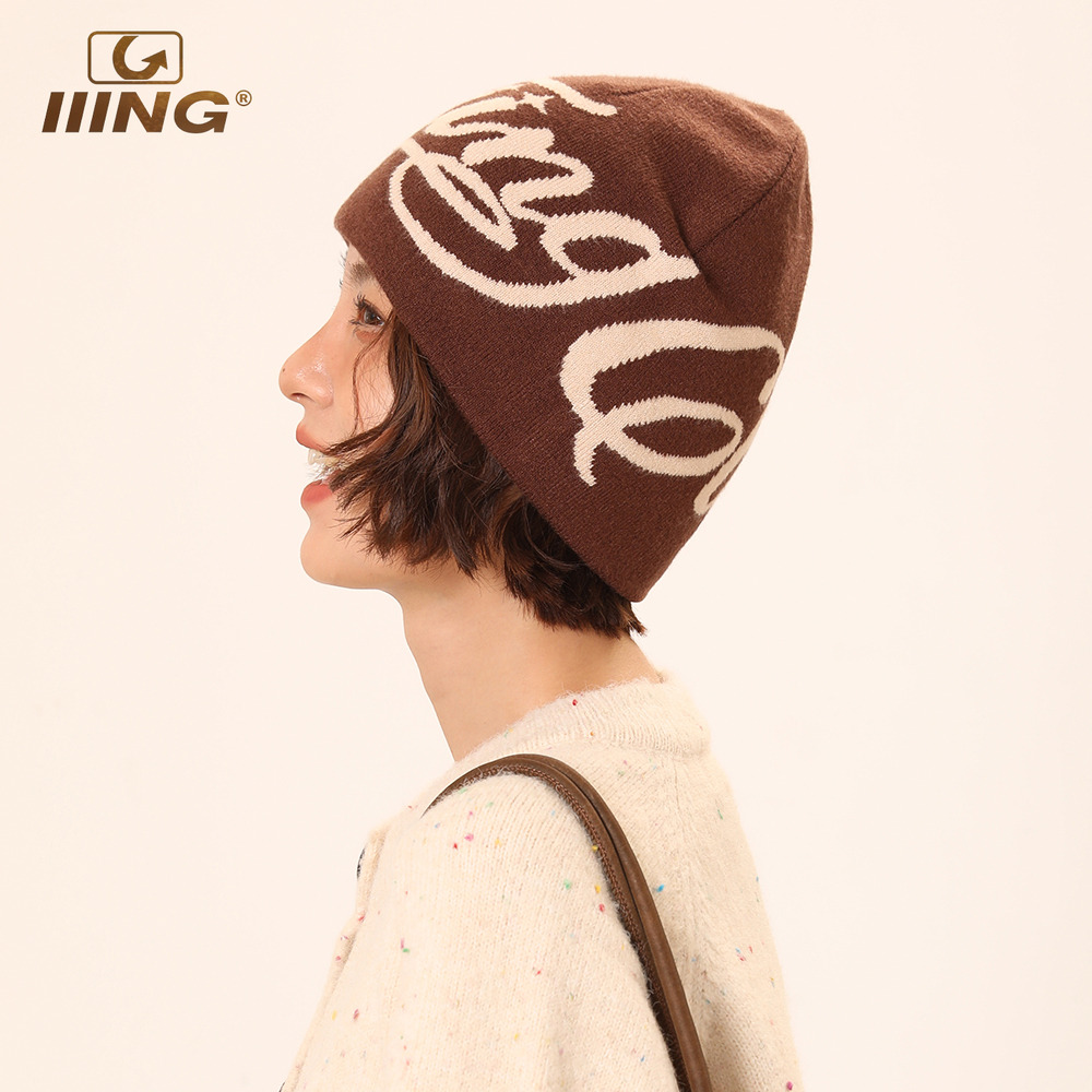 IIING帽控 登山冷帽大头围字母针织帽子女秋冬保暖显脸小堆堆帽潮 - 图1
