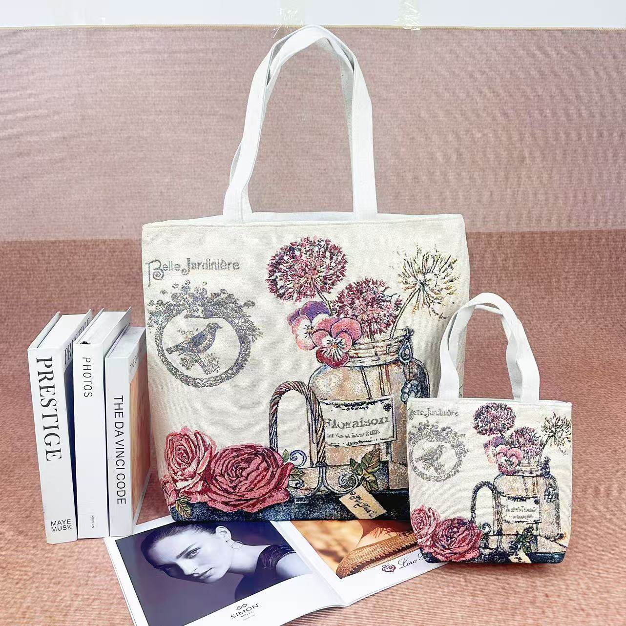 新款双面提花刺绣帆布包手提包休闲文艺瓶中花单肩包购物包妈咪包,淘宝优惠券,粉丝福利购,淘宝优惠卷