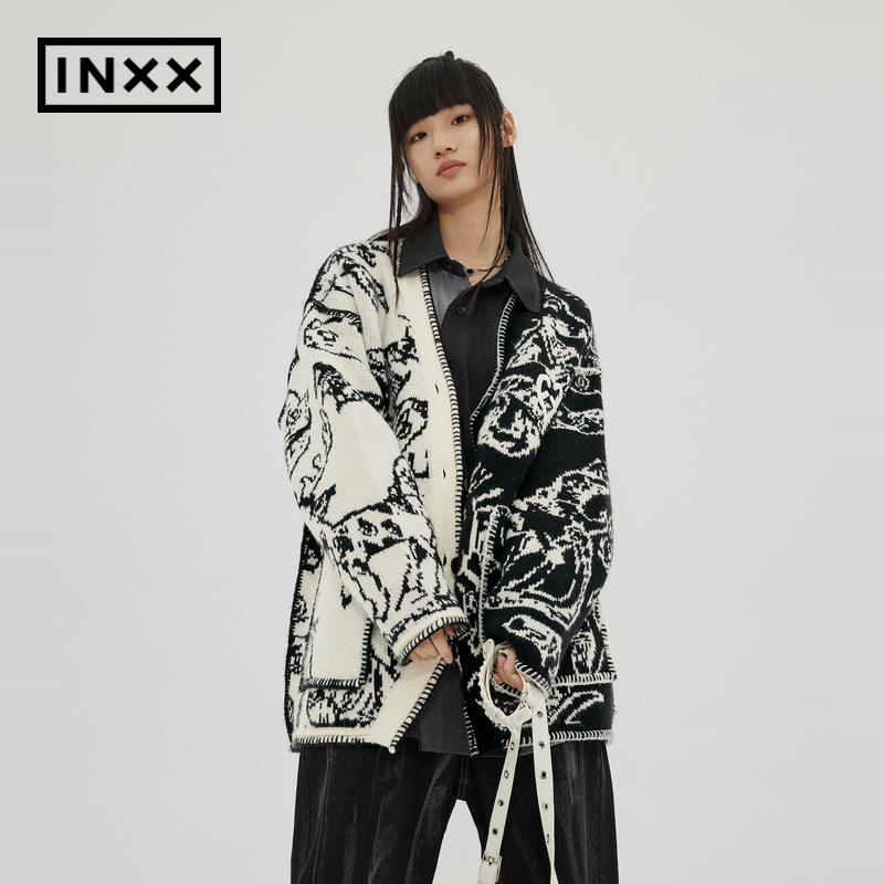 【INXX】APYD 潮牌冬新品宽松撞色开衫针织衫情侣毛衣APD4061585 - 图0