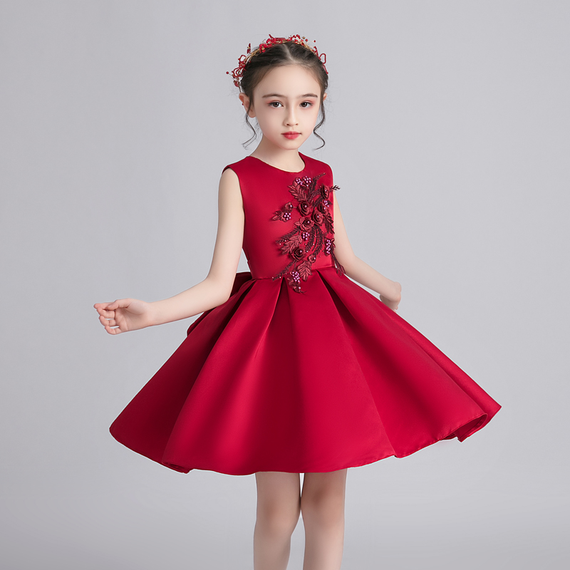 儿童演出服女童舞蹈裙小学生红色主持人礼服演讲朗诵元旦表演服装 - 图2