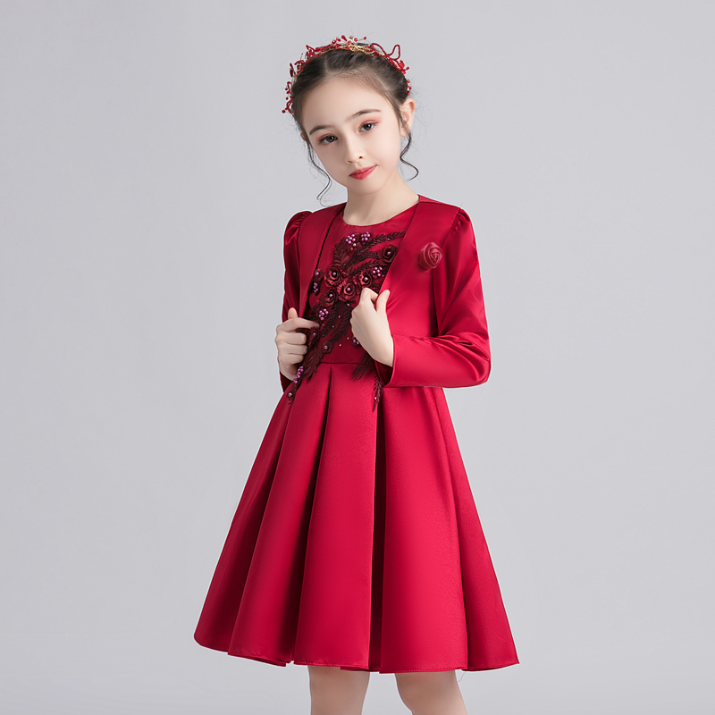 儿童演出服女童舞蹈裙小学生红色主持人礼服演讲朗诵元旦表演服装 - 图0