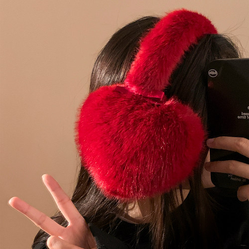 红色爱心毛绒耳罩女冬季加厚保暖防寒防风护耳包耳套圣诞配饰耳暖 - 图3