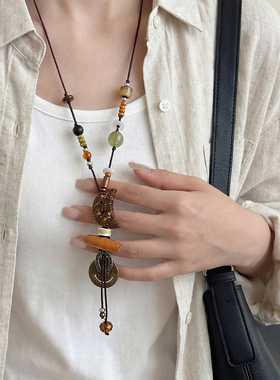 民族风月亮笑脸串珠项链女高级感