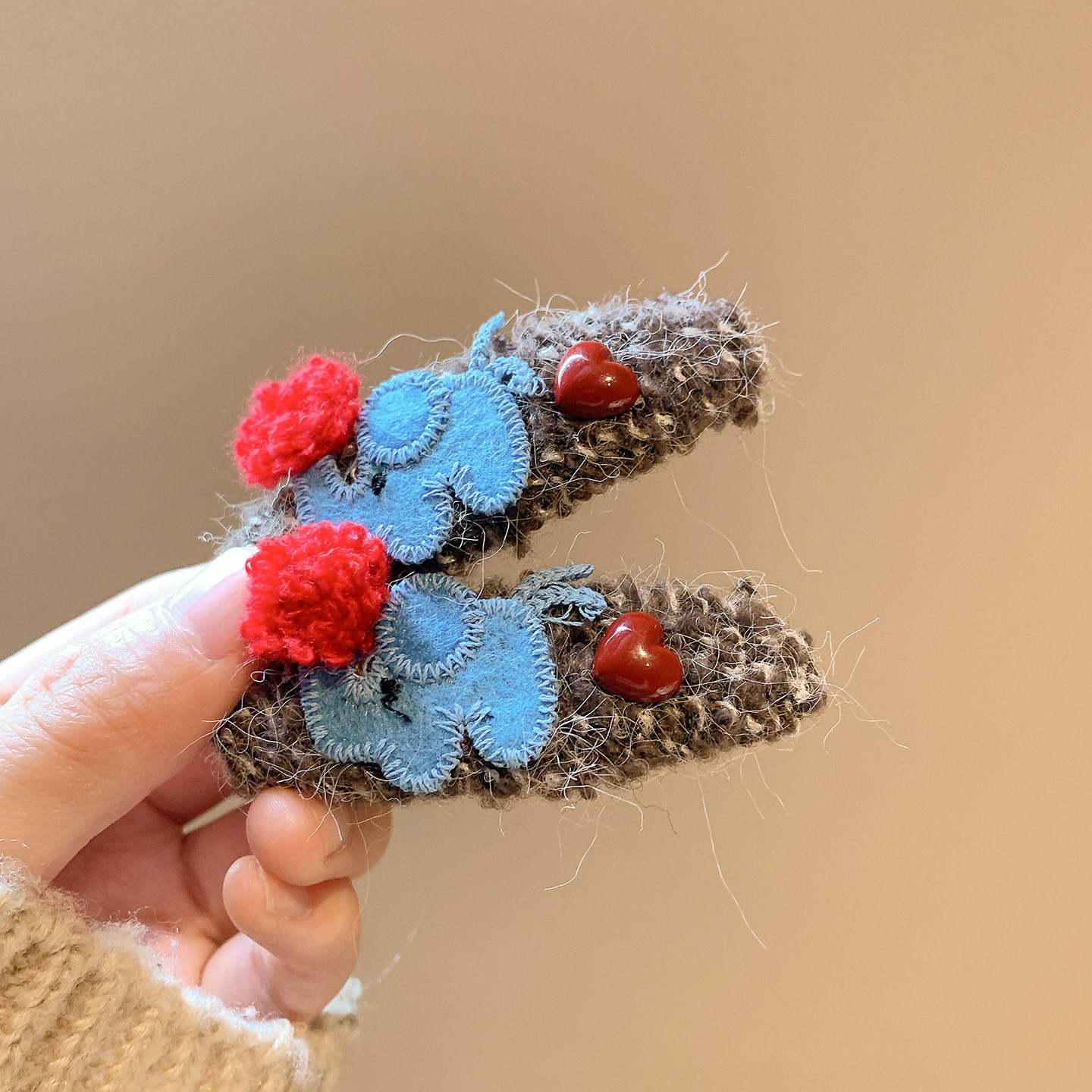 撞色毛绒小象发夹边夹侧边发卡女可爱卡通百搭秋冬头饰前额刘海夹 - 图0